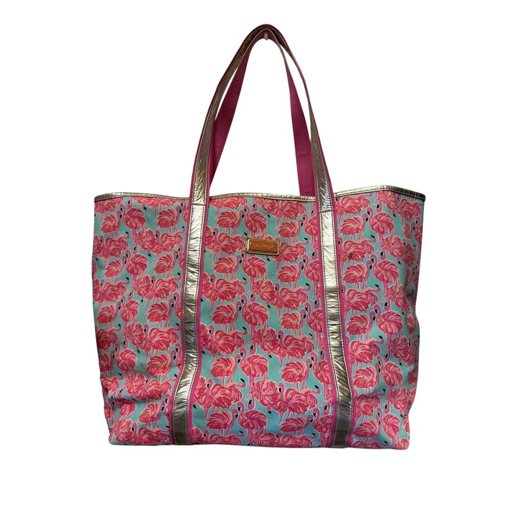 RARE VTG Lily Pulitzer All Over Flamingo Print Coated Tote Bag